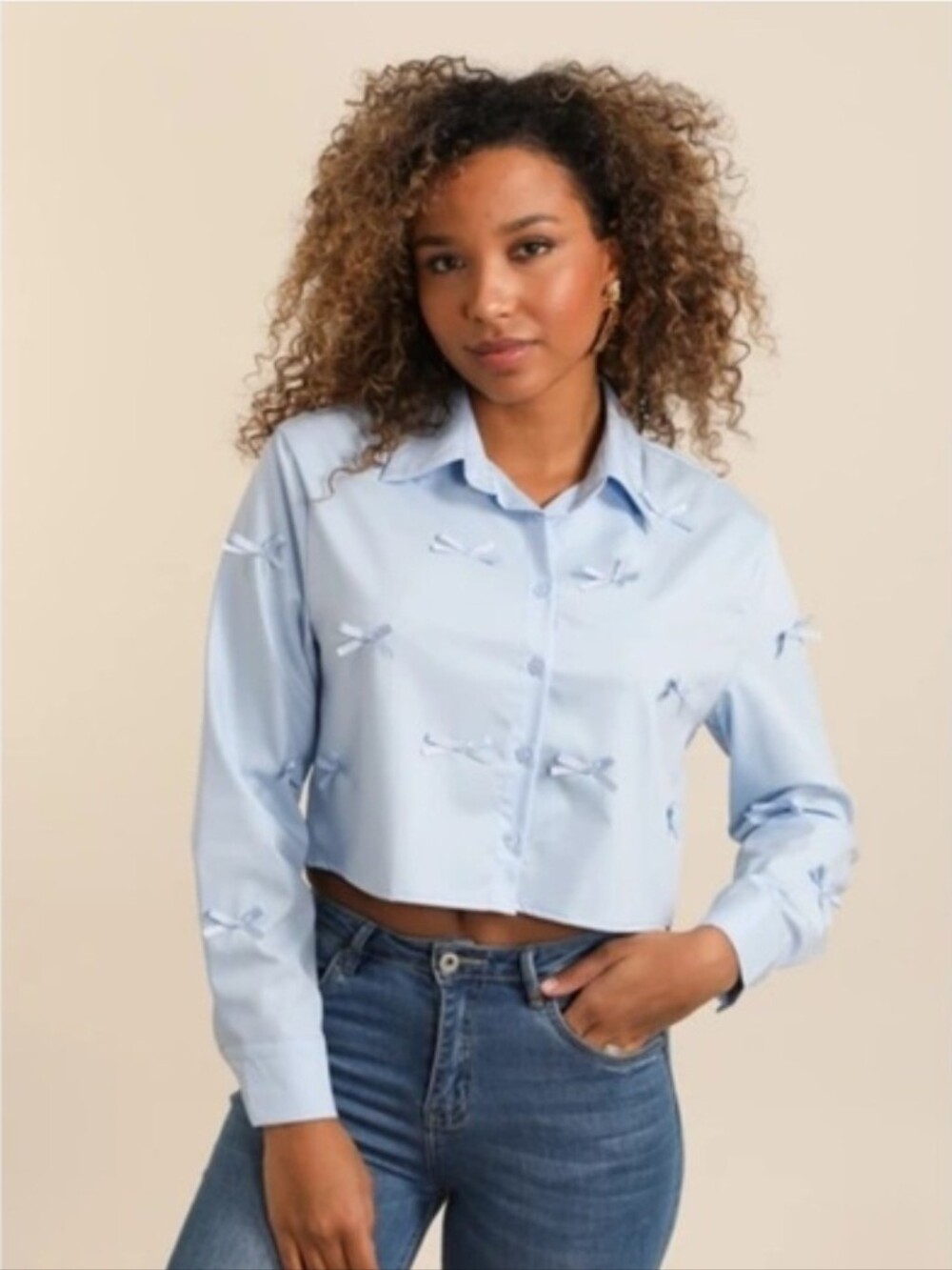 wild fable Light Blue Cotton Button-Up Crop Top with Bow Accents NWT Size L